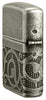 Angled shot of Zippo Pattern Armor Antique Silver Windproof Lighter showing the back and hinge side of the lighter.