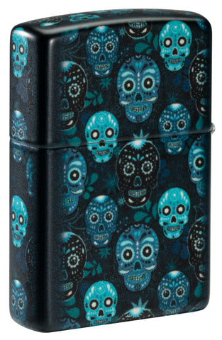 Back view of Zippo Sugar Skulls Design Glow in the Dark Matte Windproof Lighter standing at a 3/4 angle.