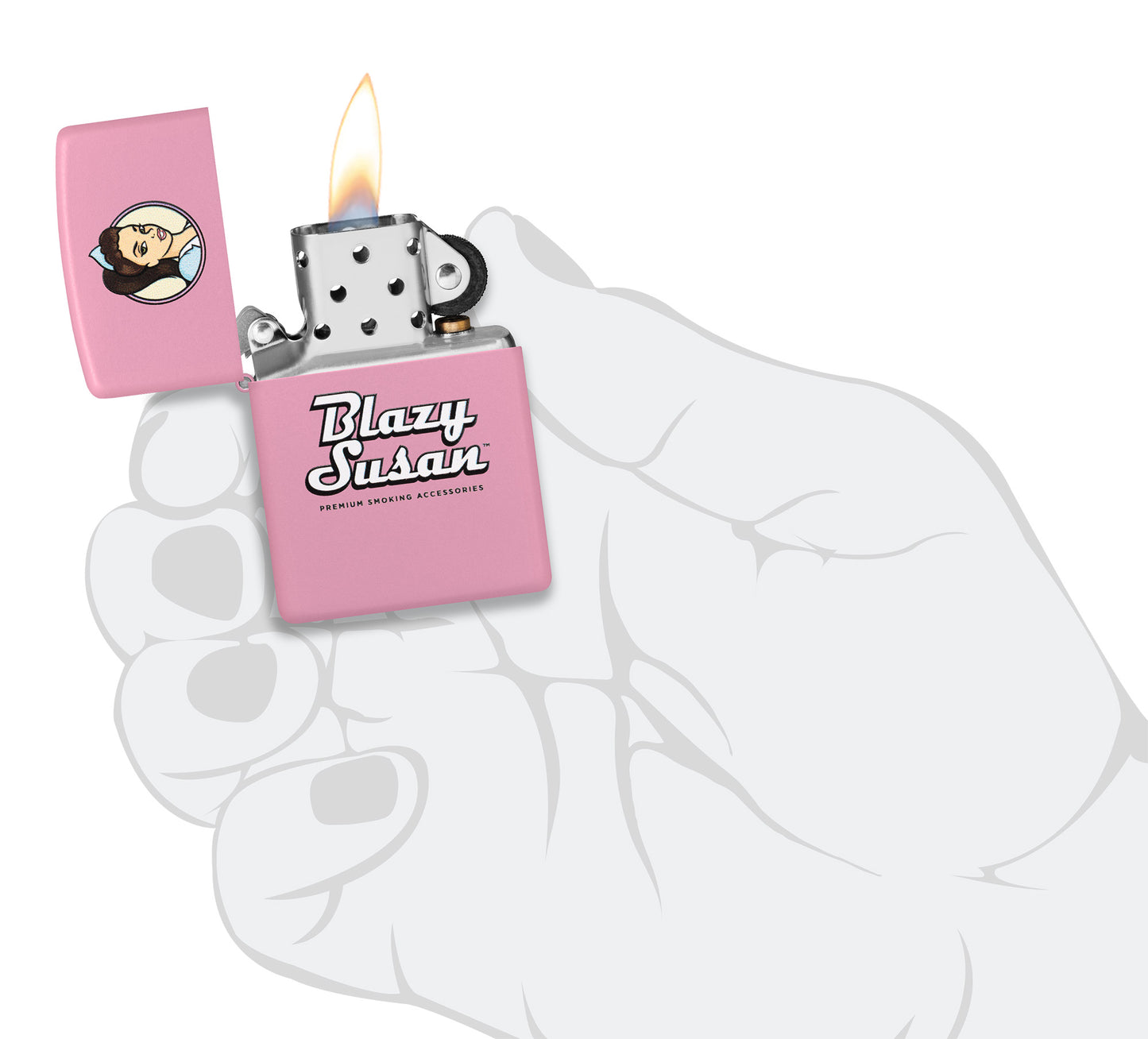 Zippo Blazy Susan™ Pink Logo Design Pink Matte Windproof Lighter lit in hand.