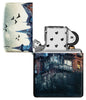 Zippo Horror House Glow in the Dark Matte Windproof Lighter with its lid open and unlit.