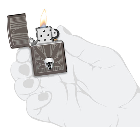 Zippo Cannabis Design Black Ice Windproof Lighter lit in hand.