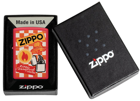 Zippo Retro Design Red Matte Windproof Lighter in its packaging.