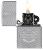 Zippo Harley-Davidson® Armor High Polish Chrome Windproof Lighter with its lid open and lit.