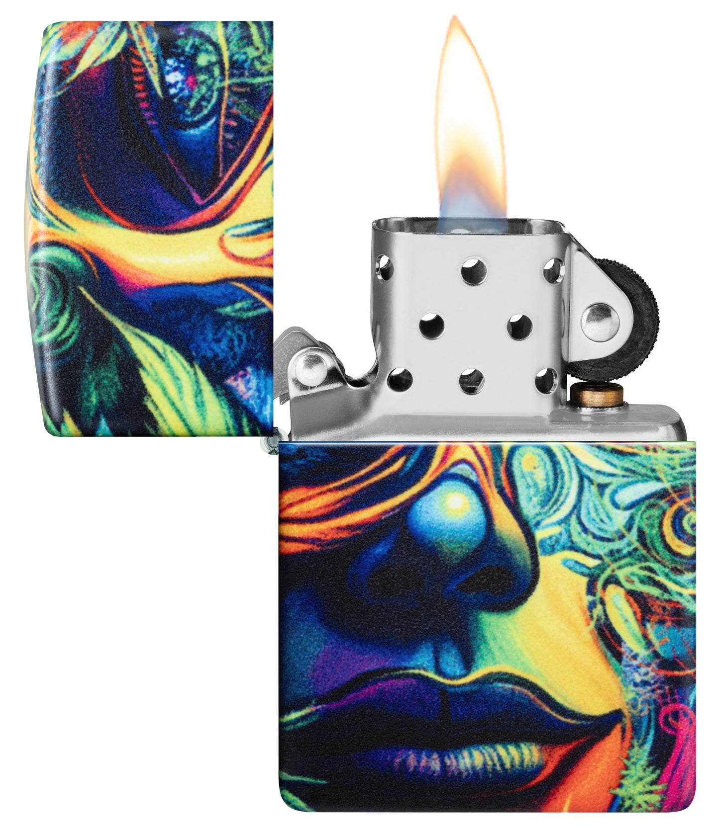 Zippo Cannabis Camo Design 540 Matte Windproof Lighter with its lid open and lit.