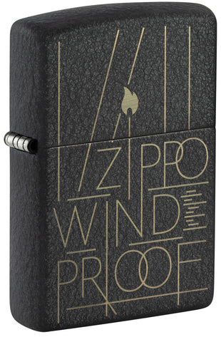 Front shot of Zippo Line Art Zippo Design Black Crackle Windproof Lighter standing at a 3/4 angle.