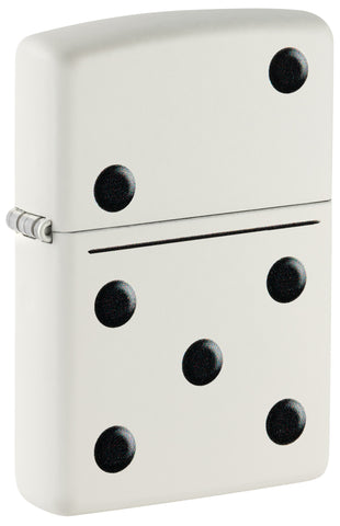 Front shot of Zippo Domino Design White Matte Windproof Lighter standing at a 3/4 angle.