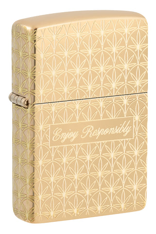 Front shot of Zippo Enjoy Responsibly Design High Polish Brass Windproof Lighter standing at a 3/4 angle.