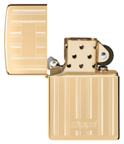 Zippo Design High Polish Brass Windproof Lighter with its lid open and unlit.