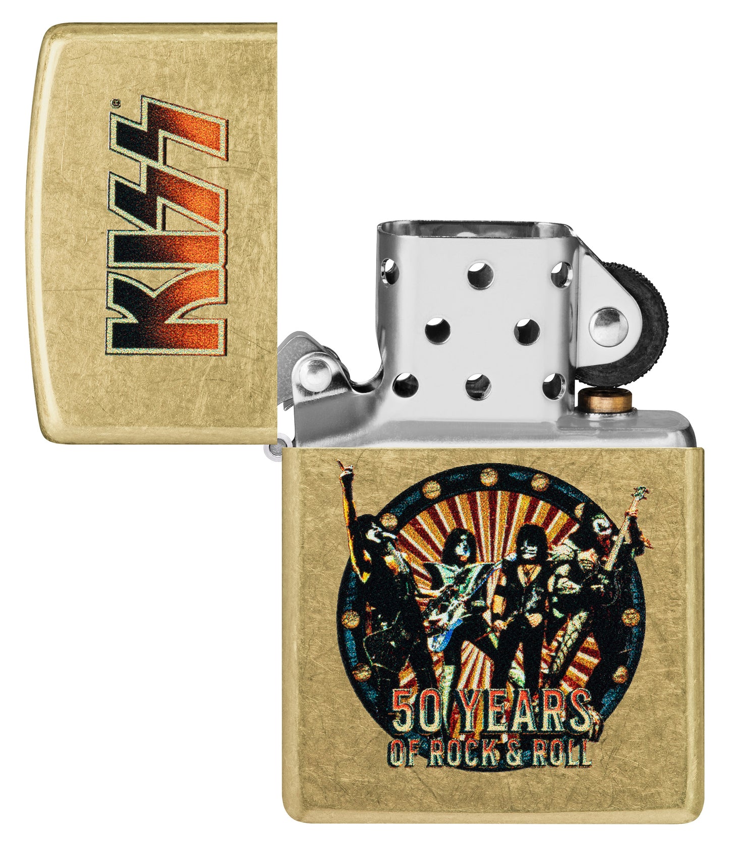 Zippo KISS® 50 Years Design Street Brass Windproof Lighter with its lid open and unlit.