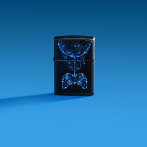Lifestyle image of Zippo Gaming Black Matte Windproof Lighter on a blue ombre background.