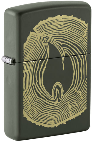 Front view of Zippo Wood Ring Design Green Matte Windproof Lighter standing at a 3/4 angle.