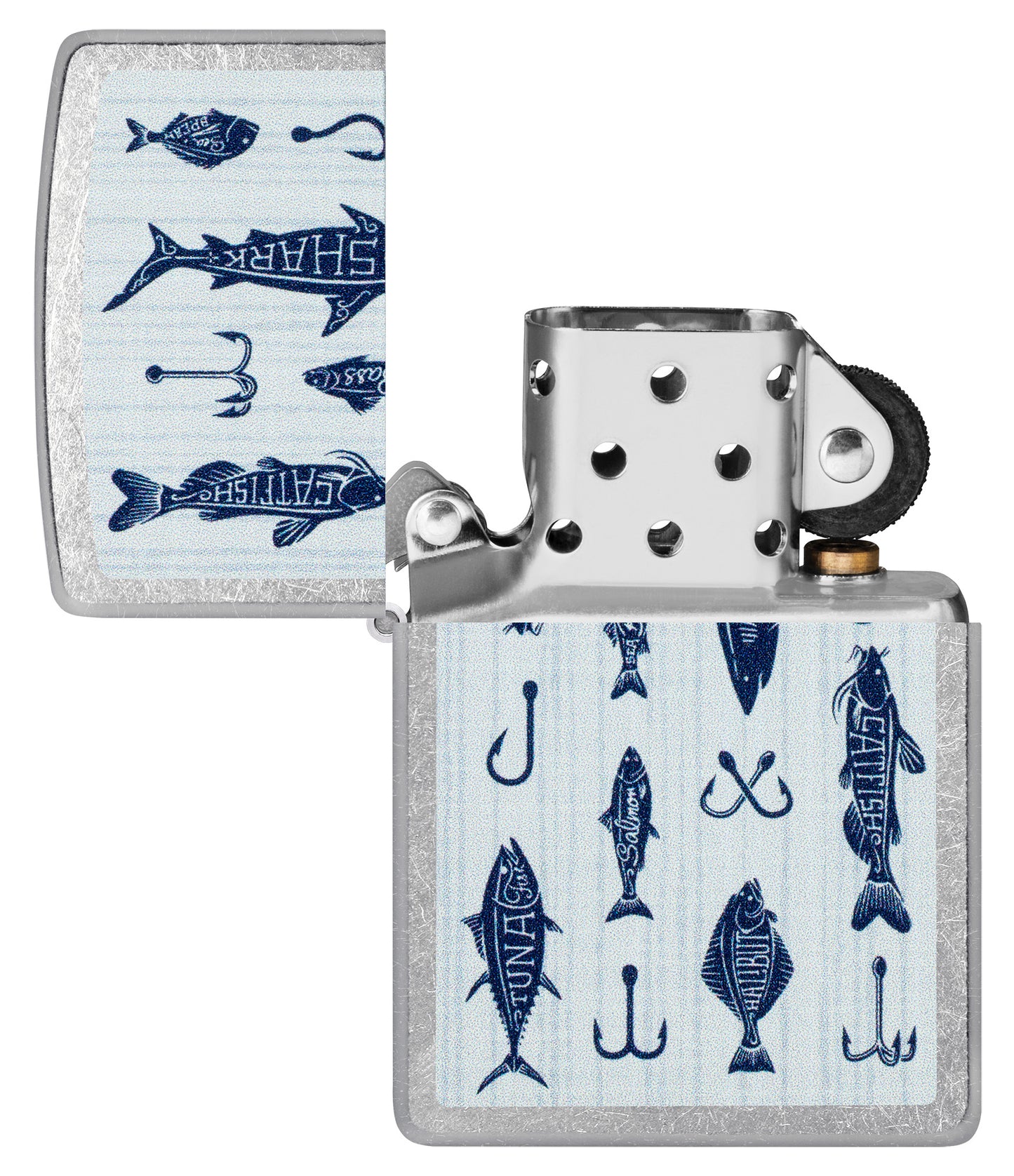 Zippo Off the Hook Design Street Chrome Windproof Lighter with its lid open and unlit.
