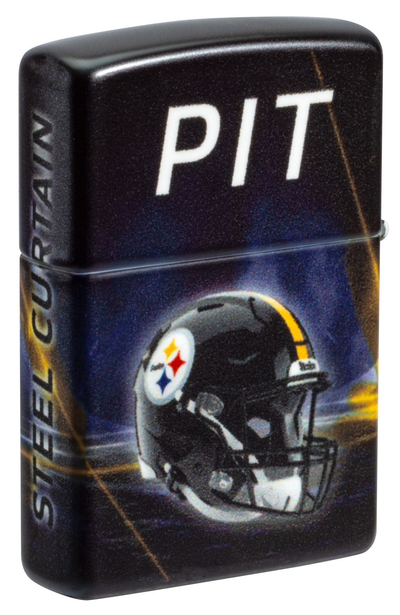 Back shot of Zippo NFL Pittsburgh Steelers 540 Matte Windproof Lighter standing on a 3/4 angle.