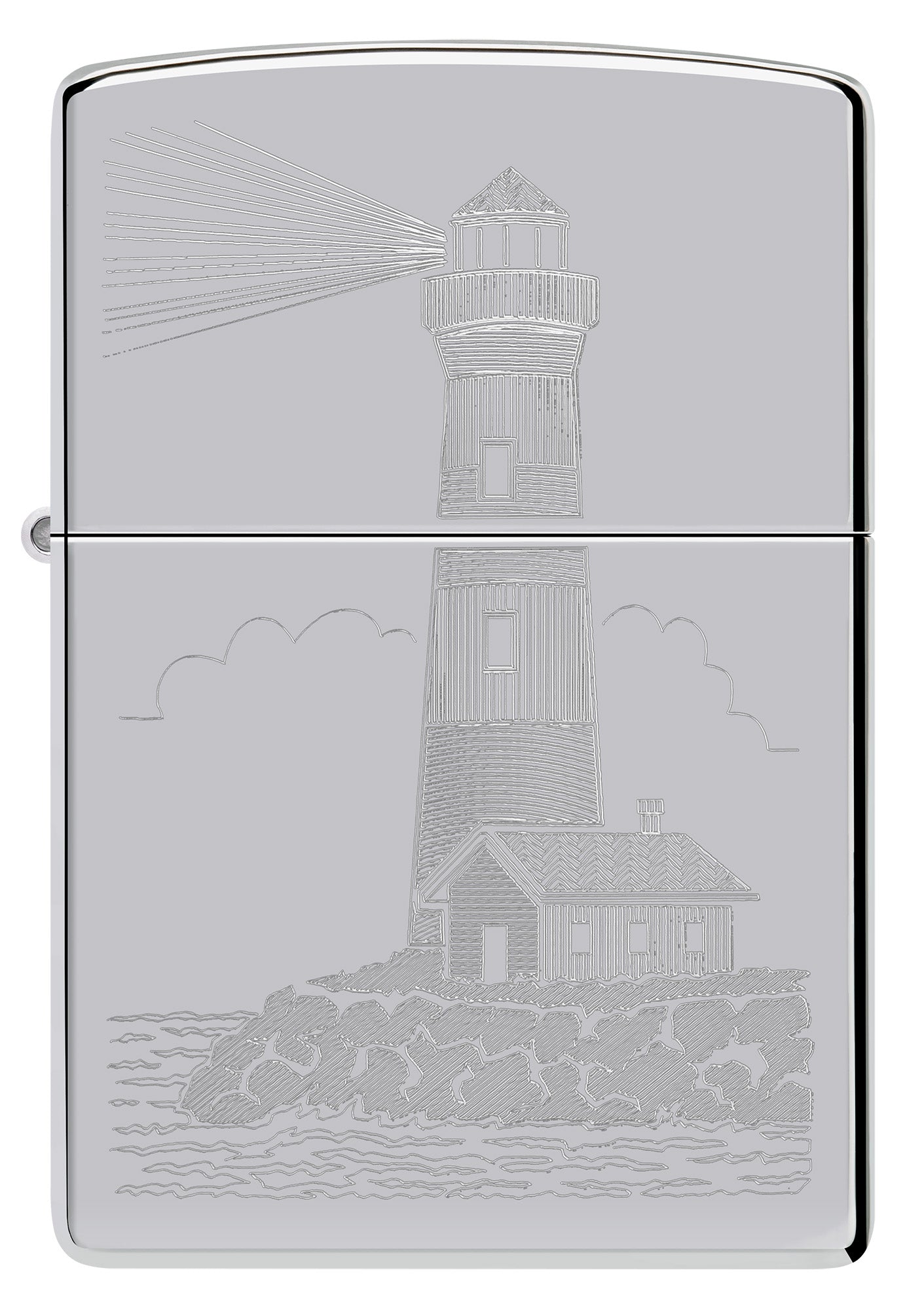 Front view of Zippo Lighthouse Design Highpolish Chrome Windproof Lighter.