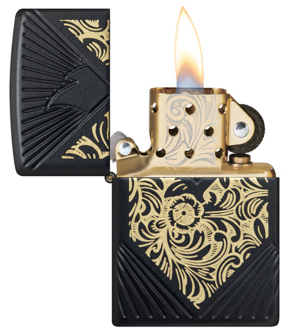 Zippo 2024 Collectible of the Year Windproof Lighter with its lid open and lit.