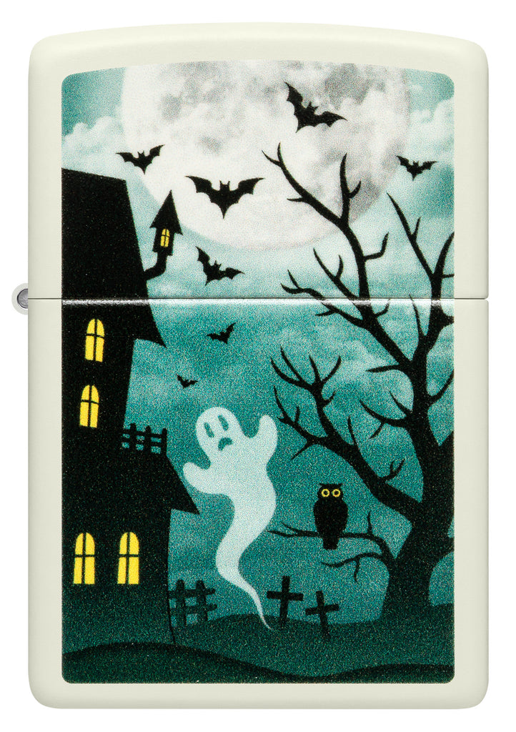 Front view of Zippo Spooky Design Glow in the Dark Green Windproof Lighter.