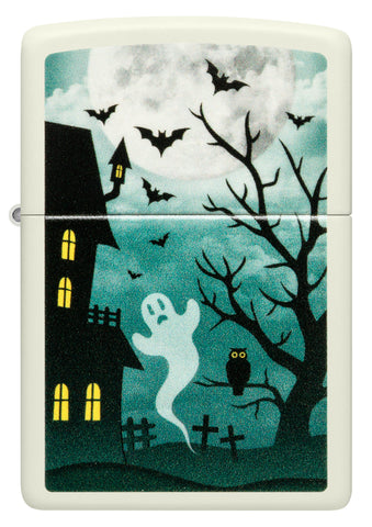 Front view of Zippo Spooky Design Glow in the Dark Green Windproof Lighter.