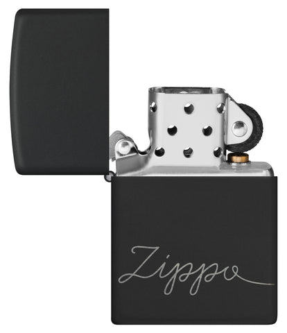 Zippo Design Black Matte with Chrome Windproof Lighter with its lid open and unlit.