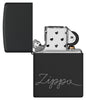 Zippo Design Black Matte with Chrome Windproof Lighter with its lid open and unlit.