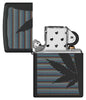 Zippo Cannabis Design Black Matte Windproof Lighter with its lid open and unlit.