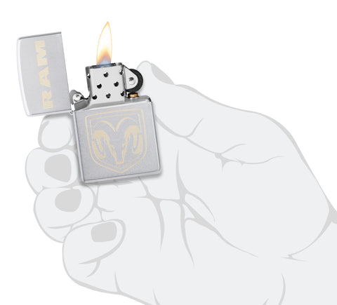 Zippo RAM Satin Chrome Windproof Lighter lit in hand.