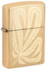Front shot of Zippo Leaf Feather Design High Polish Brass Windproof Lighter standing at a 3/4 angle.