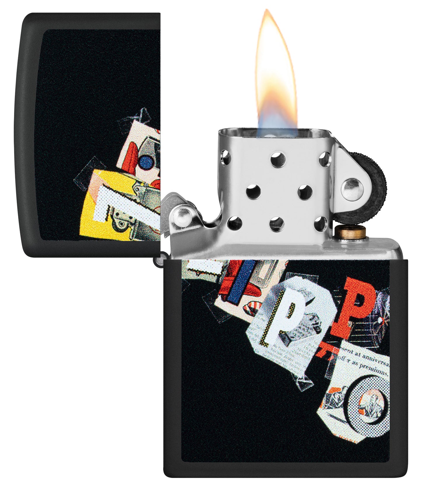 Zippo Cut and Paste Design Black Matte Windproof Lighter with its lid open and lit.