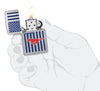 Zippo Ford Mustang American Flag Street Chrome Windproof Lighter lit in hand.