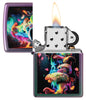 Zippo Mushrooms Design Iridescent Windproof Lighter with its lid open and lit.
