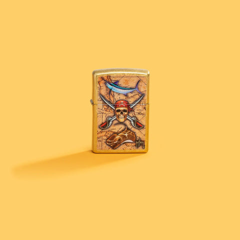 Lifestyle image of Zippo Guy Harvey Regular Street Brass Windproof Lighter on a yellow background.