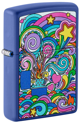 Front view of Zippo Abstract Design Royal Blue Matte Windproof Lighter standing at a 3/4 angle.