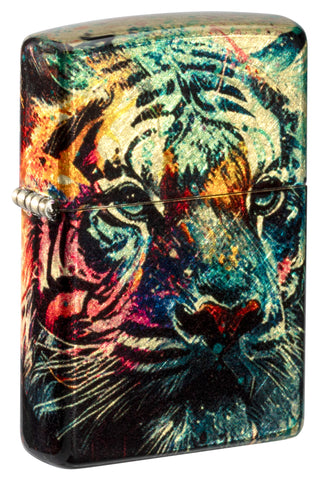 Front shot of Zippo Painted Tiger Design 540 Tumbled Brass Windproof Lighter standing at a 3/4 angle.