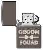 Groomsquad Design Windproof Lighter with its lid open and unlit