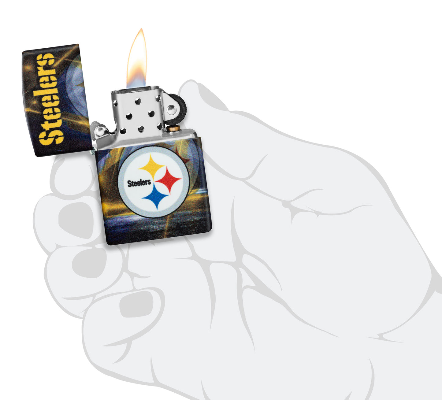 Zippo NFL Pittsburgh Steelers 540 Matte Windproof Lighter lit in hand.