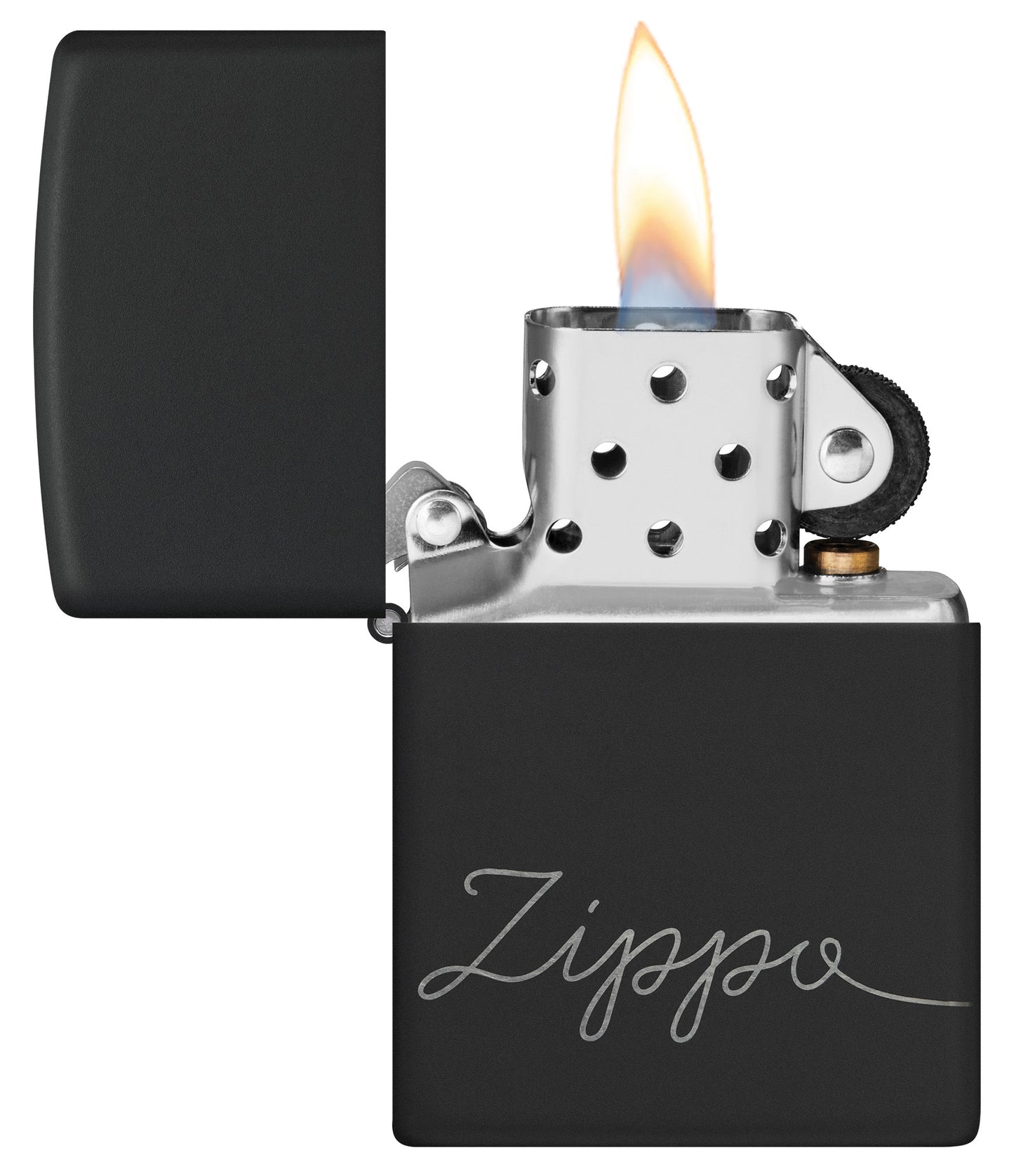 Zippo Design Black Matte with Chrome Windproof Lighter with its lid open and lit.