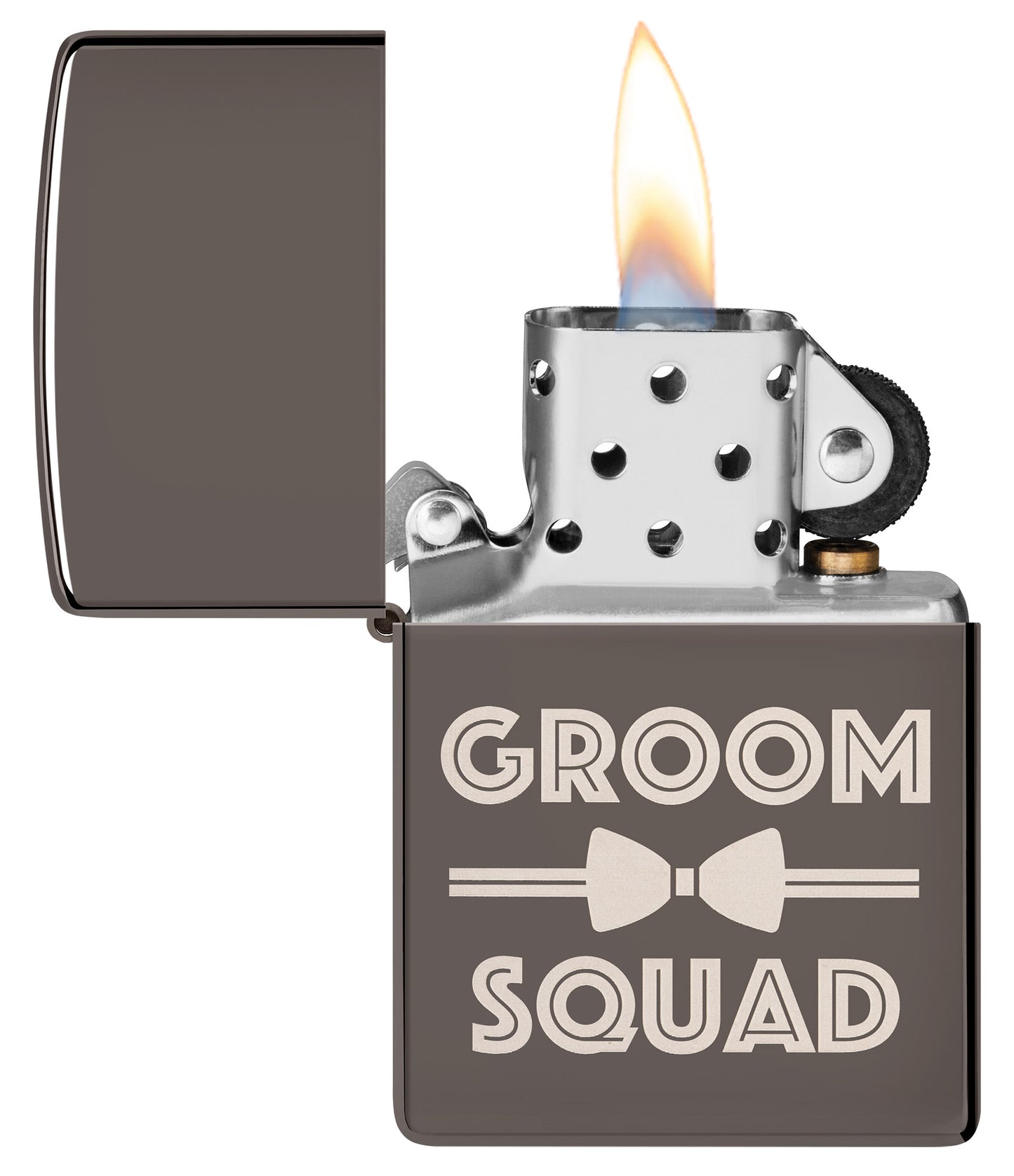 Groomsquad Design Windproof Lighter with its lid open and lit