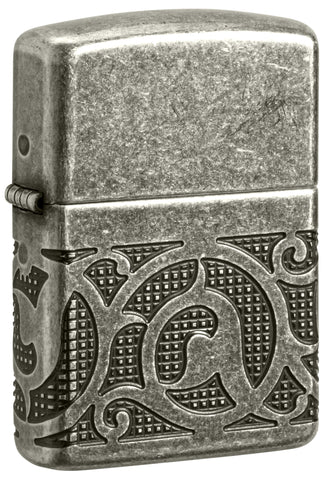 Front view of Zippo Pattern Armor Antique Silver Windproof Lighter standing at a 3/4 angle.
