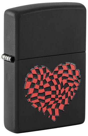 Front shot of Zippo Heart Design Black Matte Windproof Lighter standing at a 3/4 angle.