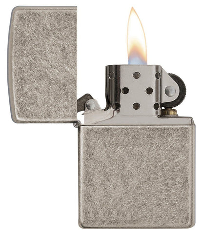 Armor® Antique Silver Plate Windproof Lighter with lid open and lit