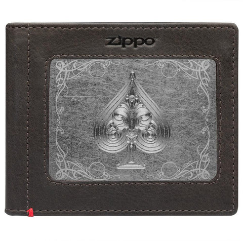 Front of mocha Leather Wallet With Spade Metal Plate - ID Window