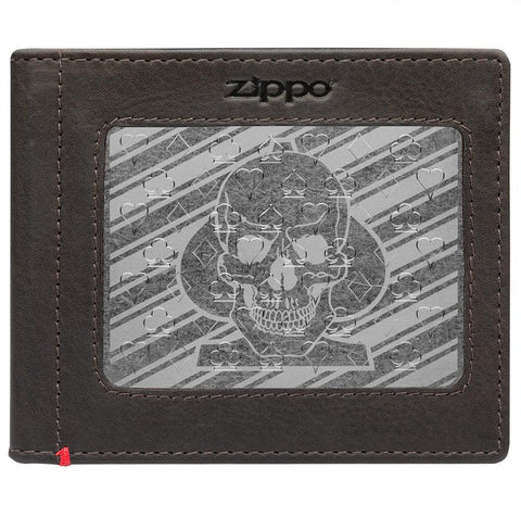 Front of mocha Leather Wallet With Spade Skull Metal Plate - ID Window
