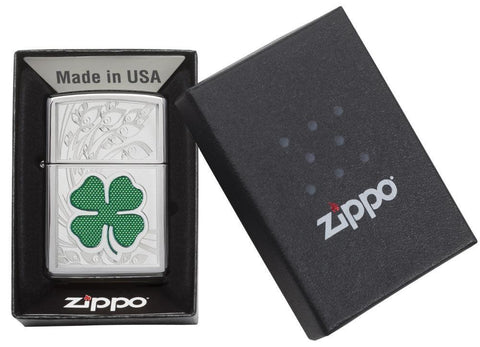 Front view of the Green & Silver Shamrock High Polish Chrome Lighter in one box packaging