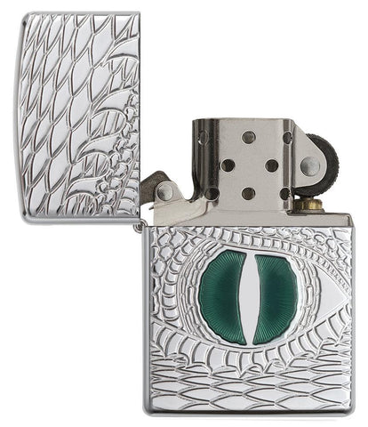 Front view of the Green Dragon Eye, Deep Carve, Epoxy Inlay, High Polish Chrome Lighter open and unlit