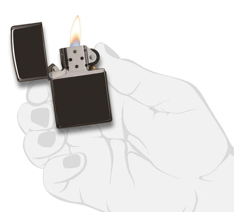 Front view of the Ebony Classic Case Lighter in hand, open and lit
