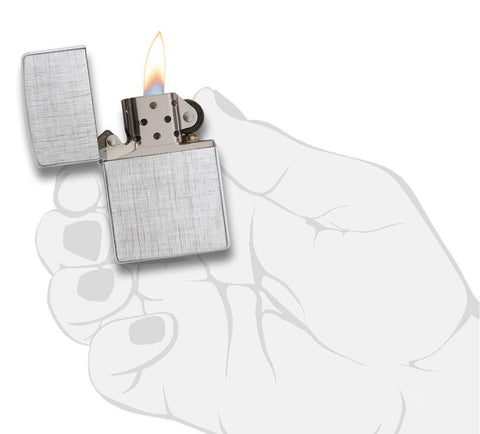 Front view of the Classic Linen Weave Finish Lighter in hand, open and lit