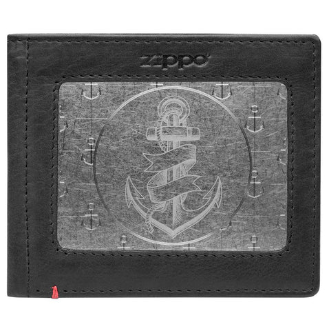 Front of black Leather Wallet With Anchor Metal Plate Design - ID Window