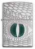Front view of the Green Dragon Eye, Deep Carve, Epoxy Inlay, High Polish Chrome Lighter 