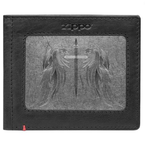 Front of black Leather Wallet With Cross Wings Metal Plate Design - ID Window