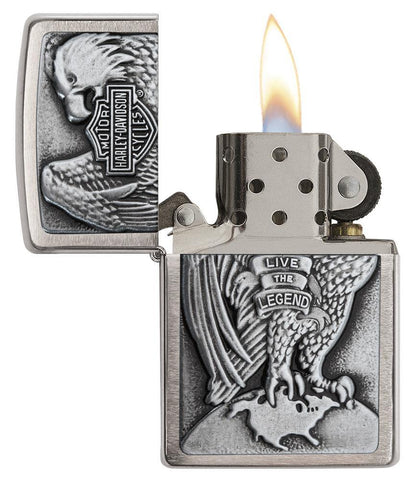 Front view of the Harley-Davidson Majestic Eagle Lighter open and lit 