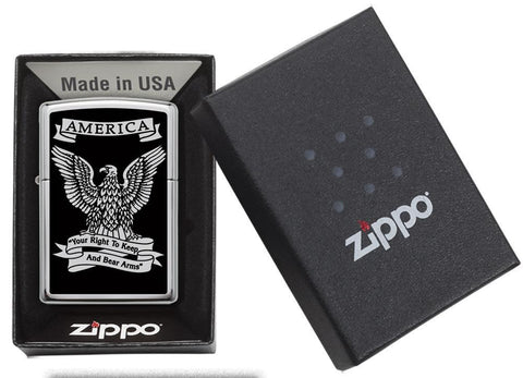 Black and White Americana High Polish Chrome Windproof Lighter in packaging